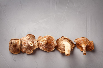 Flat lay composition of dried mushrooms on color background. Space for text