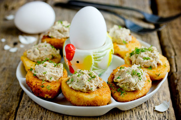 Traditional Easter snack deviled eggs stuffed with tuna yolk and mayonnaise