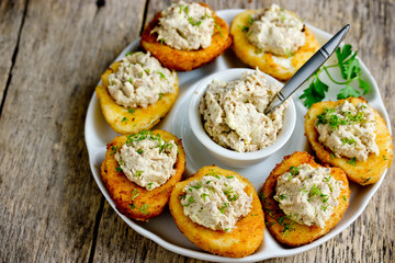 Traditional Easter snack deviled eggs stuffed with tuna yolk and mayonnaise