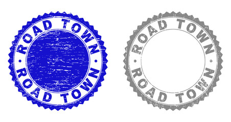 Grunge ROAD TOWN stamp seals isolated on a white background. Rosette seals with grunge texture in blue and grey colors. Vector rubber stamp imprint of ROAD TOWN caption inside round rosette.
