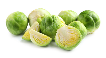 Fresh tasty Brussels sprouts on white background