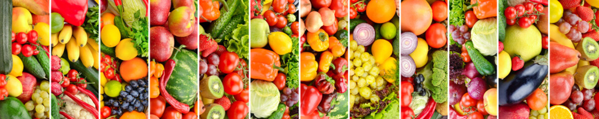 Panoramic collage vegetables, fruits and berries separated vertical lines