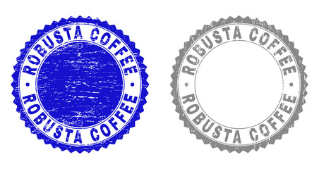 Grunge ROBUSTA COFFEE stamp seals isolated on a white background. Rosette seals with grunge texture in blue and grey colors. Vector rubber stamp imprint of ROBUSTA COFFEE tag inside round rosette.