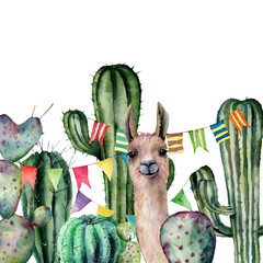 Akwarela z lamą wychodzi z zarośli kaktusów. Ręcznie malowane ilustracja z girlandą kwiatowy i flagi na białym tle. Do projektowania, drukowania, tkaniny lub tła. - 248916332