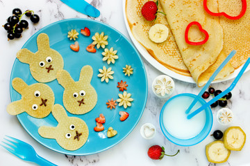Easter bunny pancakes , funny breakfast idea for kids