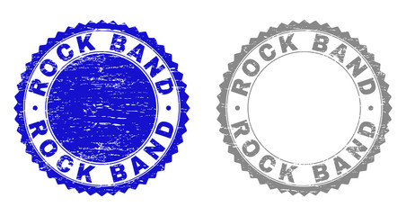 Grunge ROCK BAND watermarks isolated on a white background. Rosette seals with grunge texture in blue and gray colors. Vector rubber stamp imprint of ROCK BAND caption inside round rosette.