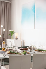 Festive Passover table setting at home. Pesach celebration