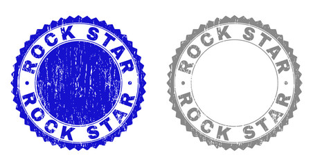 Grunge ROCK STAR stamp seals isolated on a white background. Rosette seals with grunge texture in blue and gray colors. Vector rubber stamp imitation of ROCK STAR tag inside round rosette.