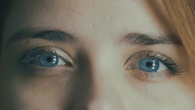 Part Of Young Woman Face, Blue Eyes Blinking, Blur Out Of Focus, Pupil Reaction To Light, Natural Beauty Concept,health, Medicine And Genes