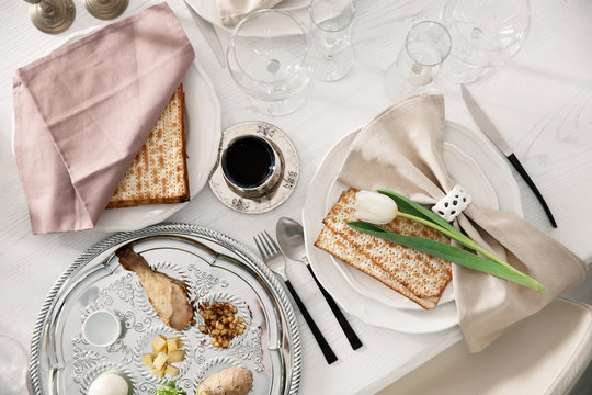 Festive Passover Table Setting, Top View. Pesach Celebration