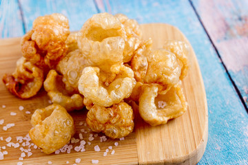 Chicharron - deep fried pork rinds, crispy pork skin pieces, traditional mexican snack