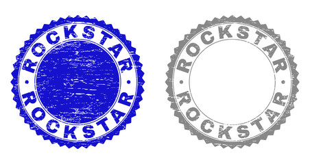 Obraz premium Grunge ROCKSTAR stamps isolated on a white background. Rosette seals with grunge texture in blue and gray colors. Vector rubber stamp imitation of ROCKSTAR label inside round rosette.
