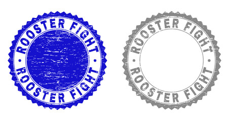 Grunge ROOSTER FIGHT stamp seals isolated on a white background. Rosette seals with grunge texture in blue and grey colors. Vector rubber stamp imprint of ROOSTER FIGHT title inside round rosette.