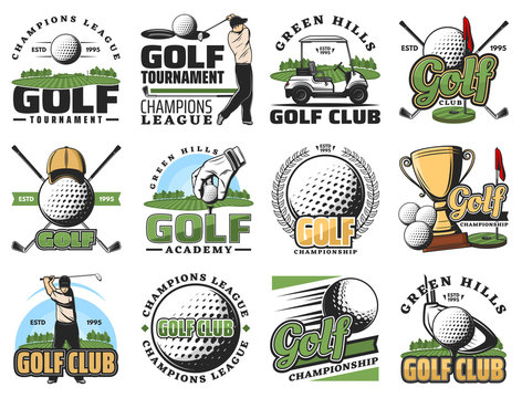 Golf game, sport equipment and trophy cup icons