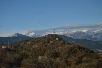 Beautiful View Of The Aragonese Pyrenees From The Rooftops Of Ainsa. Travel, Landscapes, Nature. December 26, 2014. Ainsa, Huesca, Aragon.