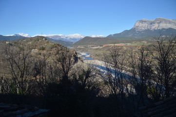 Cinca River In Its Pass By Ainsa,  born in the Marbore Glacier in the La Pineta Valley in Monte Perdido and flows into the Ebro. Trips, Landscapes, Nature. December 26, 2014. Ainsa, Huesca, Aragon.