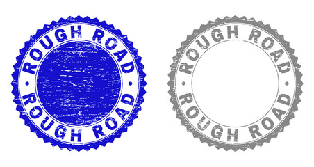 Grunge ROUGH ROAD stamp seals isolated on a white background. Rosette seals with grunge texture in blue and gray colors. Vector rubber stamp imprint of ROUGH ROAD text inside round rosette.