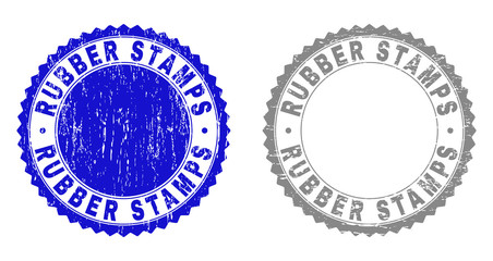 Grunge RUBBER STAMPS isolated on a white background. Rosette seals with grunge texture in blue and grey colors. Vector rubber stamp imprint of RUBBER STAMPS label inside round rosette.