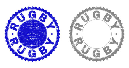 Grunge RUGBY stamp seals isolated on a white background. Rosette seals with grunge texture in blue and gray colors. Vector rubber stamp imprint of RUGBY tag inside round rosette.