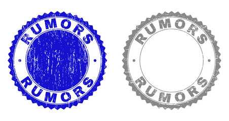 Grunge RUMORS stamp seals isolated on a white background. Rosette seals with grunge texture in blue and gray colors. Vector rubber stamp imitation of RUMORS text inside round rosette.