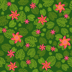 Modern vector abstract pattern with tropical oasis. Summer floral background with palm leaves and with bright flowers. Summer holiday background. Simple floral vector pattern for nature textile print.