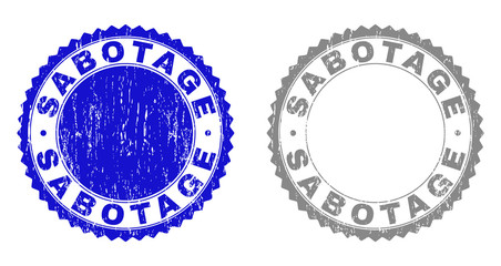 Grunge SABOTAGE stamp seals isolated on a white background. Rosette seals with grunge texture in blue and grey colors. Vector rubber stamp imitation of SABOTAGE text inside round rosette.