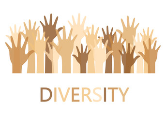 Diversity concept design, hands up with text