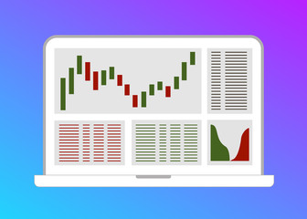 Trading candlestick chart on laptop screen. Forex trade flat vector illustration. Cryptocurrency and Stock exchange market graph on computer display creative concept.