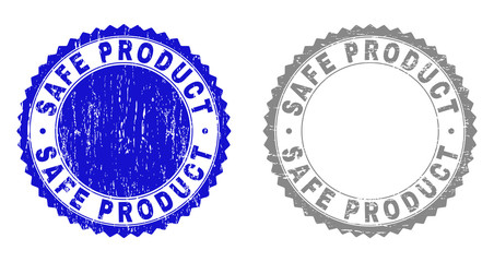 Grunge SAFE PRODUCT stamp seals isolated on a white background. Rosette seals with grunge texture in blue and gray colors. Vector rubber overlay of SAFE PRODUCT title inside round rosette.