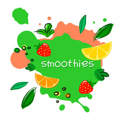 Vector illustration of a smoothie with stylized leaves and fruits, doodle and mixed style. Illustration on white background