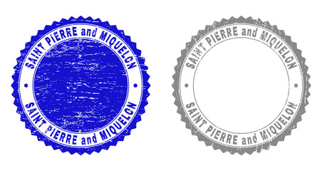 Grunge SAINT PIERRE AND MIQUELON stamp seals isolated on a white background. Rosette seals with grunge texture in blue and grey colors.
