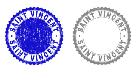 Grunge SAINT VINCENT stamp seals isolated on a white background. Rosette seals with grunge texture in blue and gray colors. Vector rubber stamp imprint of SAINT VINCENT label inside round rosette.