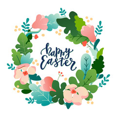 Fototapeta na wymiar Easter banner design template. Vivid colorful flat style vector illustration with flower blossoms, plants, leaves. Floral wreath composition with Happy Easter lettering isolated on white background.