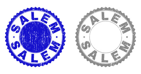 Grunge SALEM stamp seals isolated on a white background. Rosette seals with grunge texture in blue and grey colors. Vector rubber stamp imprint of SALEM tag inside round rosette.