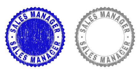 Obraz premium Grunge SALES MANAGER stamp seals isolated on a white background. Rosette seals with distress texture in blue and grey colors.