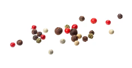 Fotobehang Pepper mix. Black, red, white and allspice peppercorn seeds isolated on white background © xamtiw