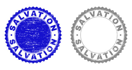 Grunge SALVATION stamp seals isolated on a white background. Rosette seals with distress texture in blue and grey colors. Vector rubber stamp imitation of SALVATION tag inside round rosette.