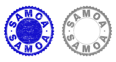 Grunge SAMOA stamp seals isolated on a white background. Rosette seals with grunge texture in blue and gray colors. Vector rubber overlay of SAMOA tag inside round rosette.