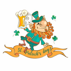 Cheerful leprechaun with beer for St. Patrick's day. Vector.