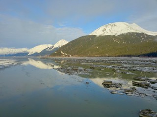 Ice waters of Cook Inlet and Chugach mountains in Alaska 