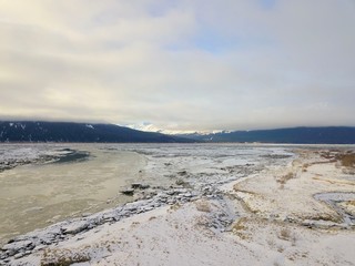Ice waters of Cook Inlet and Chugach mountains in Alaska 