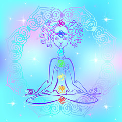 Fototapeta na wymiar Girl in the Lotus position and chakras of man. Reiki energy. Vector.