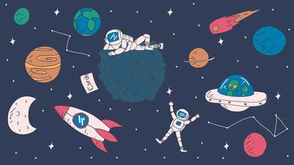 Cute space exploration doodles. Space elements: stars, rockets, astronauts, planets etc. Vector illustration