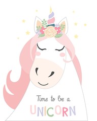 Cute illustration with unicorn head and lettering inscription 