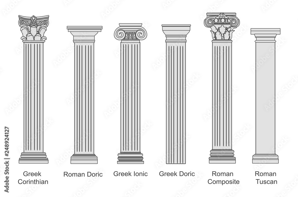 Wall mural ancient pillars set isolated on white background. different architecture pillars with stone effect. 