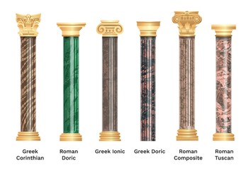Realistic ancient pillars set isolated on white background. Different architecture pillars with stone effect. Classical columns vector set.