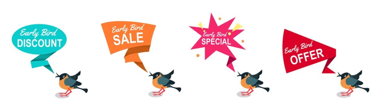 Early bird discounts and sales banners set isolated on white background. Early bird promotions. Vector illustration
