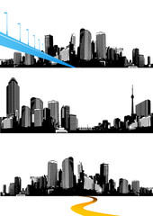 Set of black and white panorama cities. Vector art