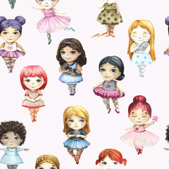 Seamless pattern with cute girls. Watercolor illustration.