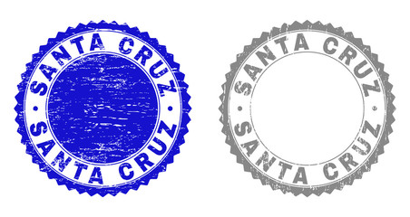 Grunge SANTA CRUZ stamp seals isolated on a white background. Rosette seals with grunge texture in blue and gray colors. Vector rubber stamp imitation of SANTA CRUZ title inside round rosette.